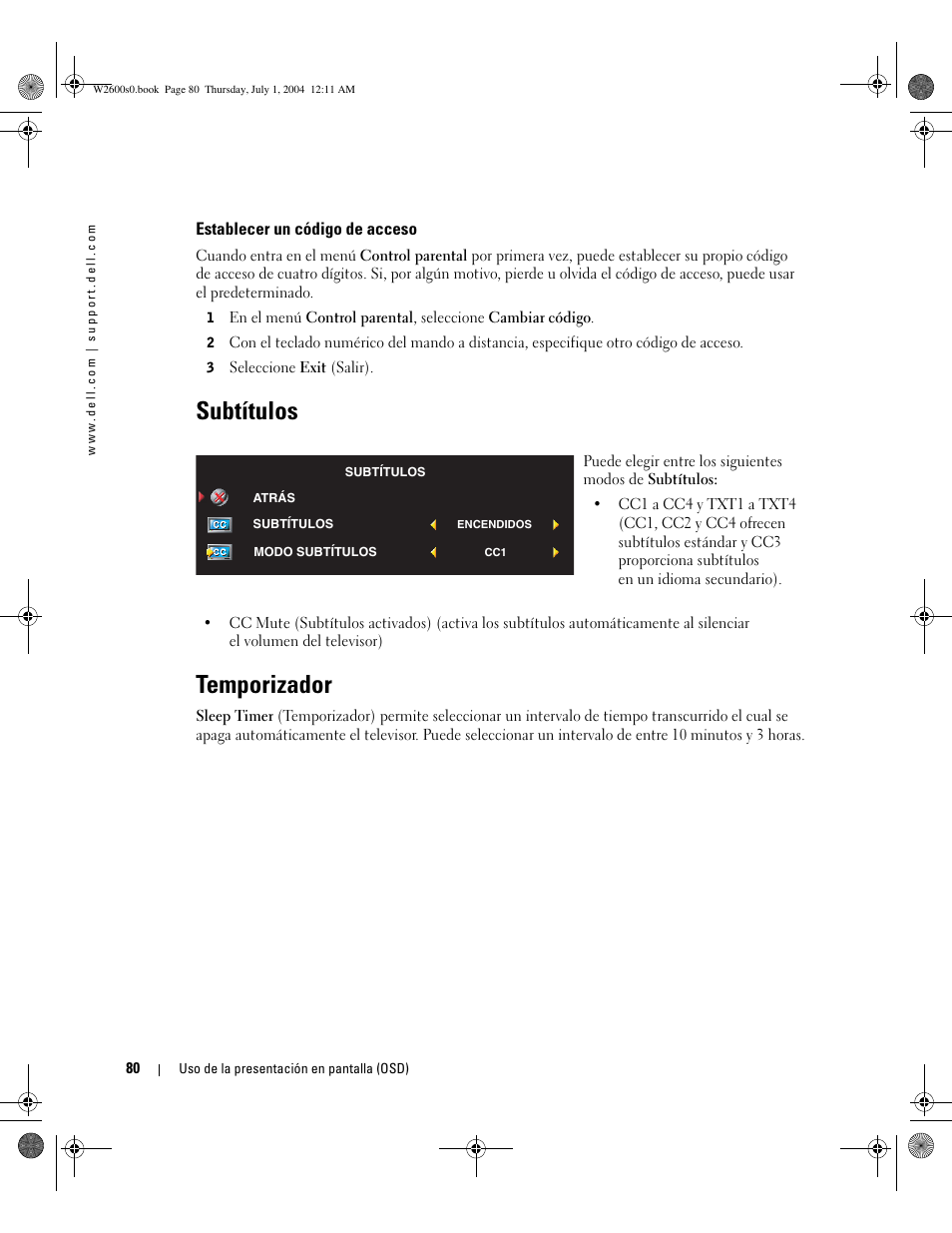 Subtítulos, Temporizador | Dell LCD TV W2600 User Manual | Page 79 / 149