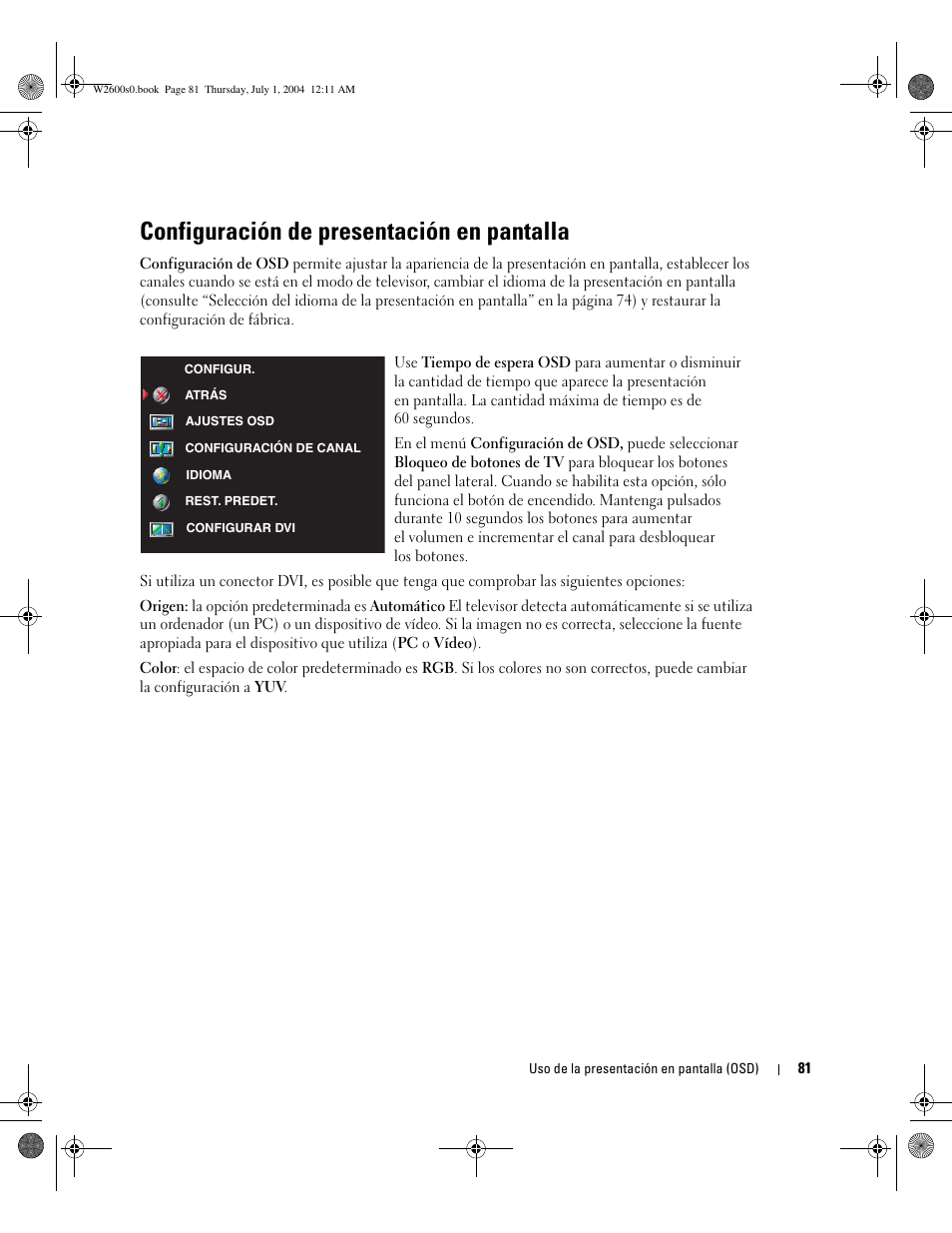 Configuración de presentación en pantalla | Dell LCD TV W2600 User Manual | Page 80 / 149
