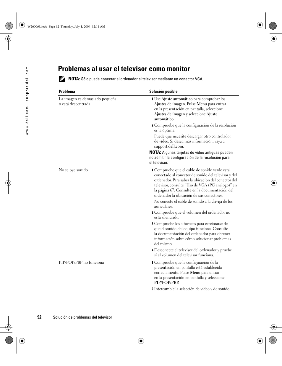 Problemas al usar el televisor como monitor | Dell LCD TV W2600 User Manual | Page 91 / 149