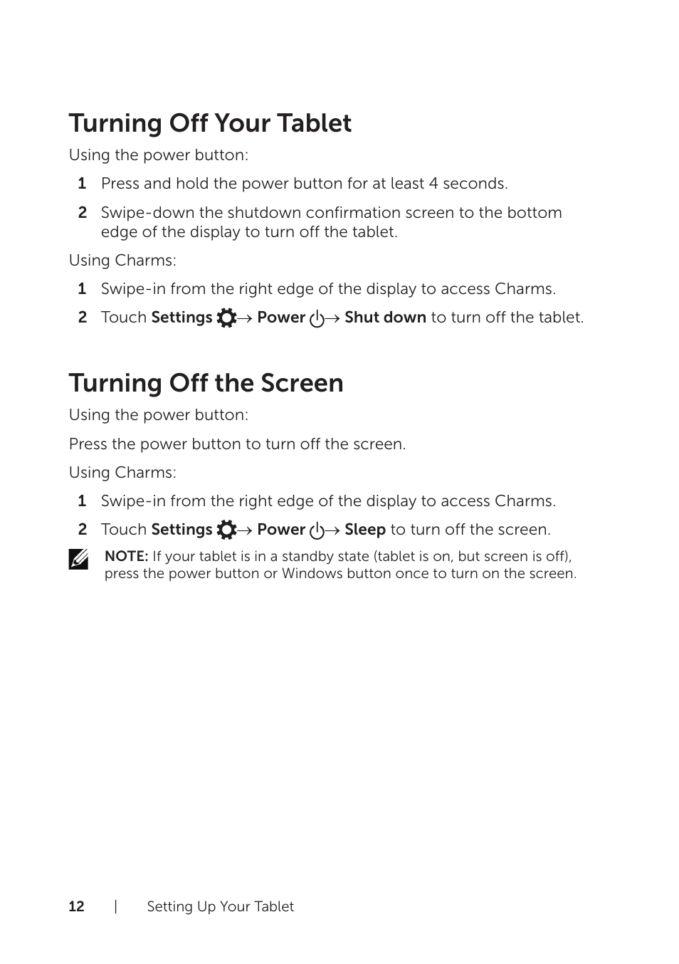 Turning off your tablet, Turning off the screen, Turning off your tablet turning off the screen | Dell Venue 8 Pro User Manual | Page 12 / 44