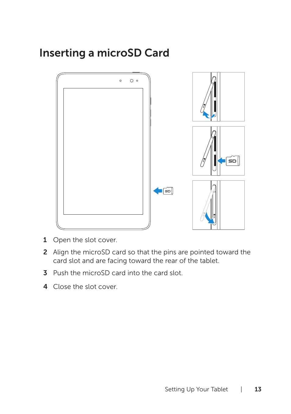 Inserting a microsd card | Dell Venue 8 Pro User Manual | Page 13 / 44