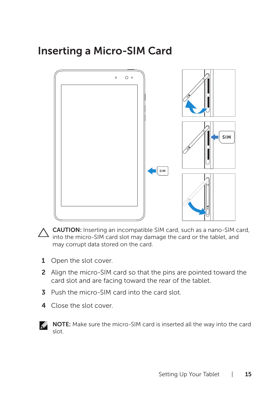 Inserting a micro‑sim card, Inserting a micro-sim card | Dell Venue 8 Pro User Manual | Page 15 / 44