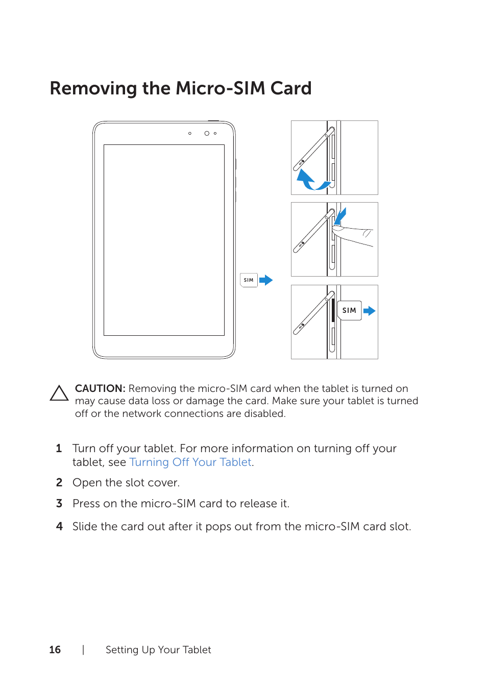 Removing the micro-sim card, Removing the micro‑sim card | Dell Venue 8 Pro User Manual | Page 16 / 44