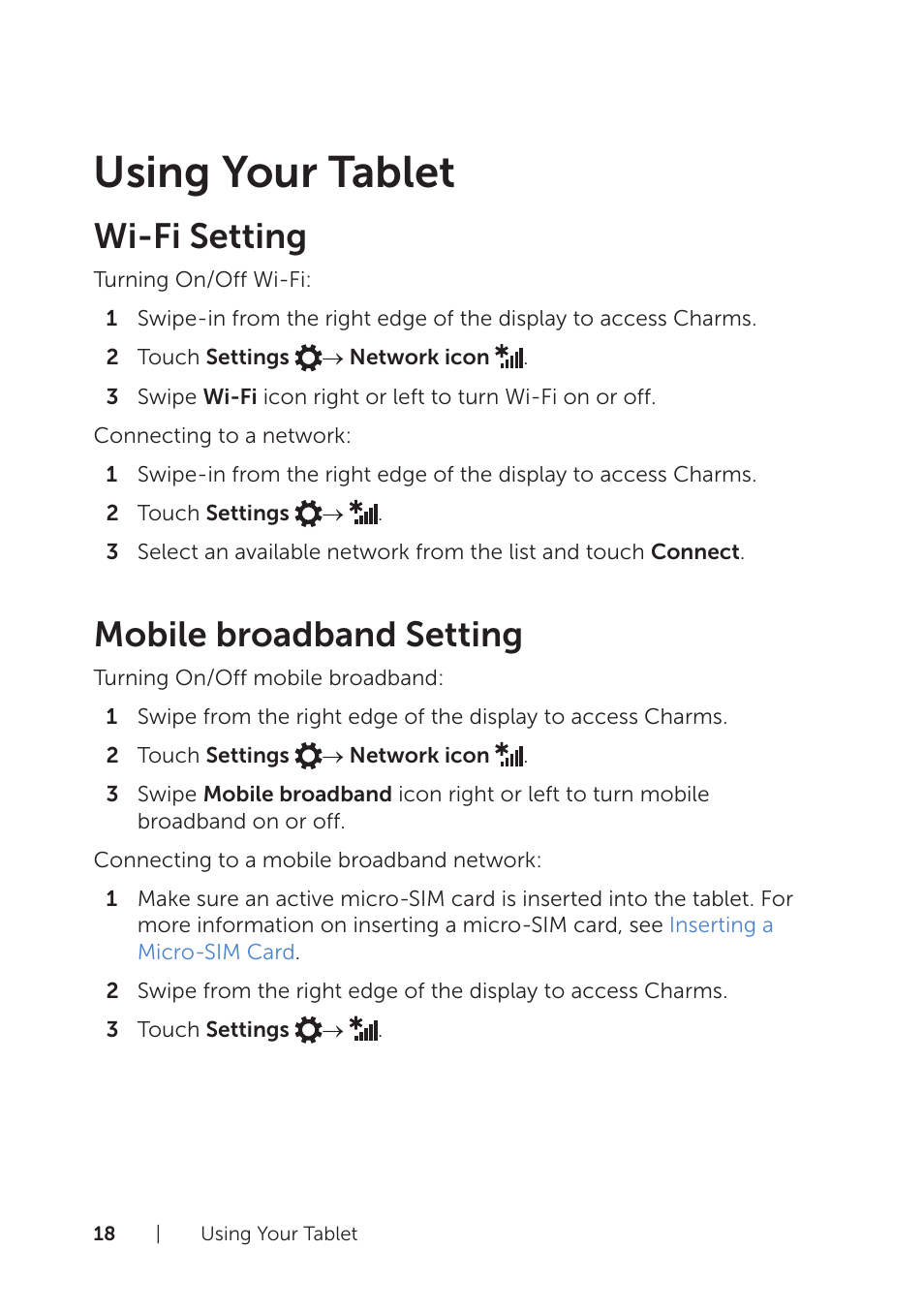 Using your tablet, Wi-fi setting, Mobile broadband setting | Wi‑fi setting mobile broadband setting | Dell Venue 8 Pro User Manual | Page 18 / 44