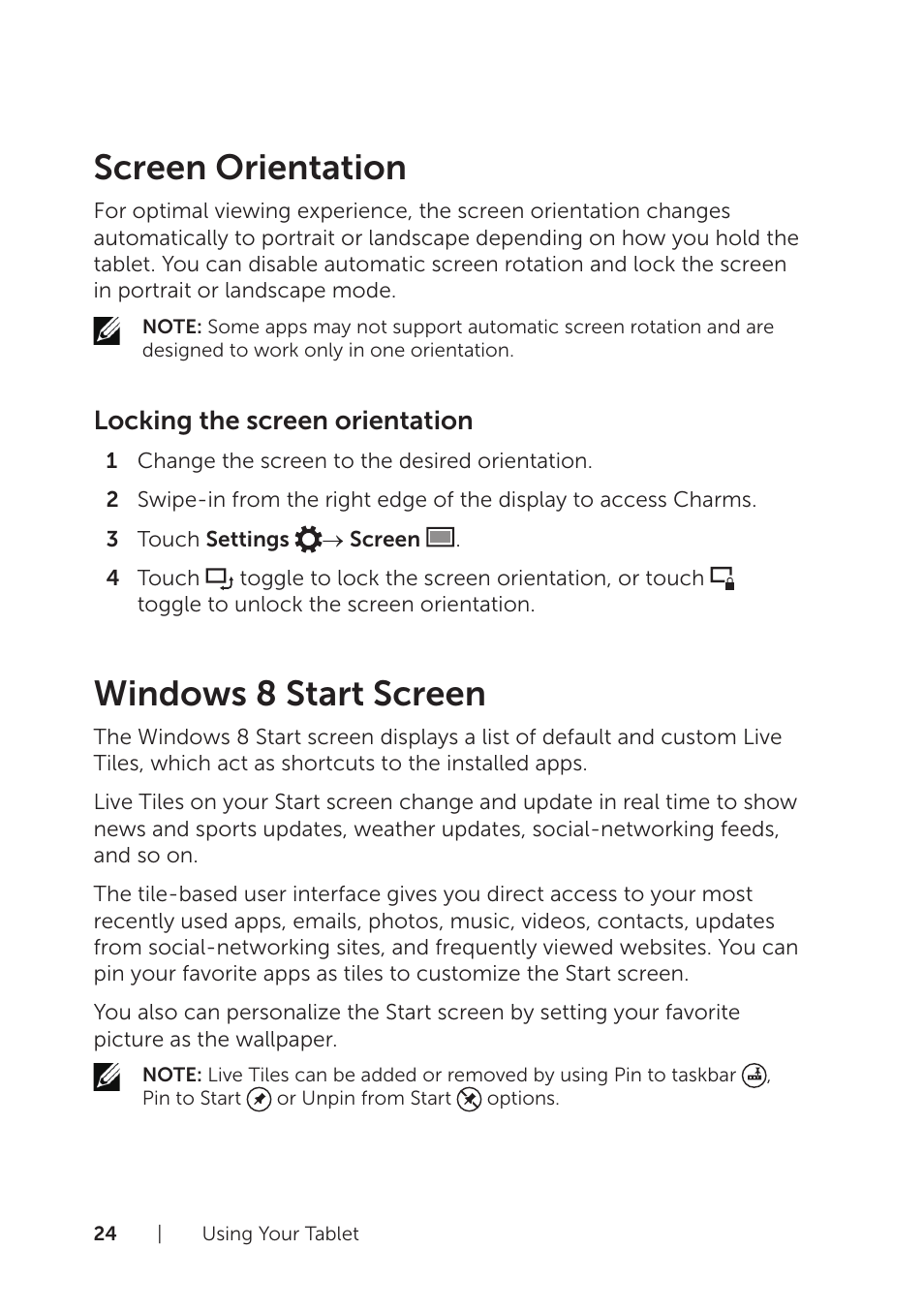 Screen orientation, Windows 8 start screen, Screen orientation windows 8 start screen | Locking the screen orientation | Dell Venue 8 Pro User Manual | Page 24 / 44