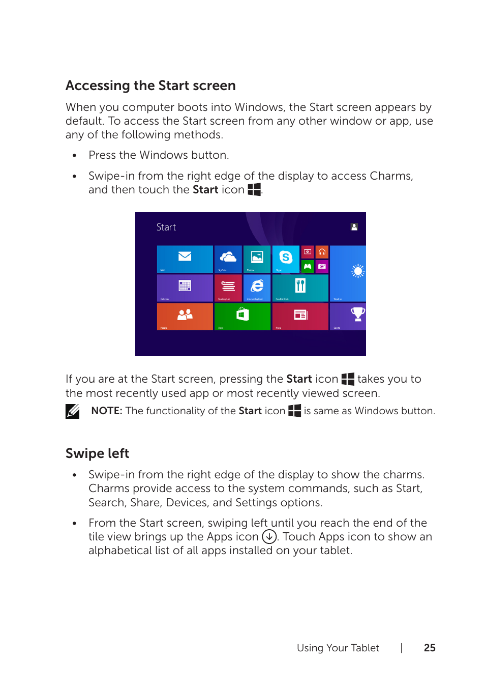 Accessing the start screen, Swipe left | Dell Venue 8 Pro User Manual | Page 25 / 44