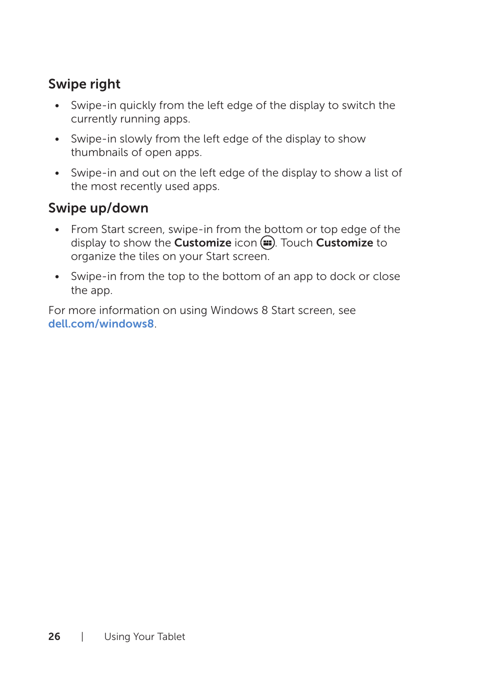 Swipe right, Swipe up/down | Dell Venue 8 Pro User Manual | Page 26 / 44