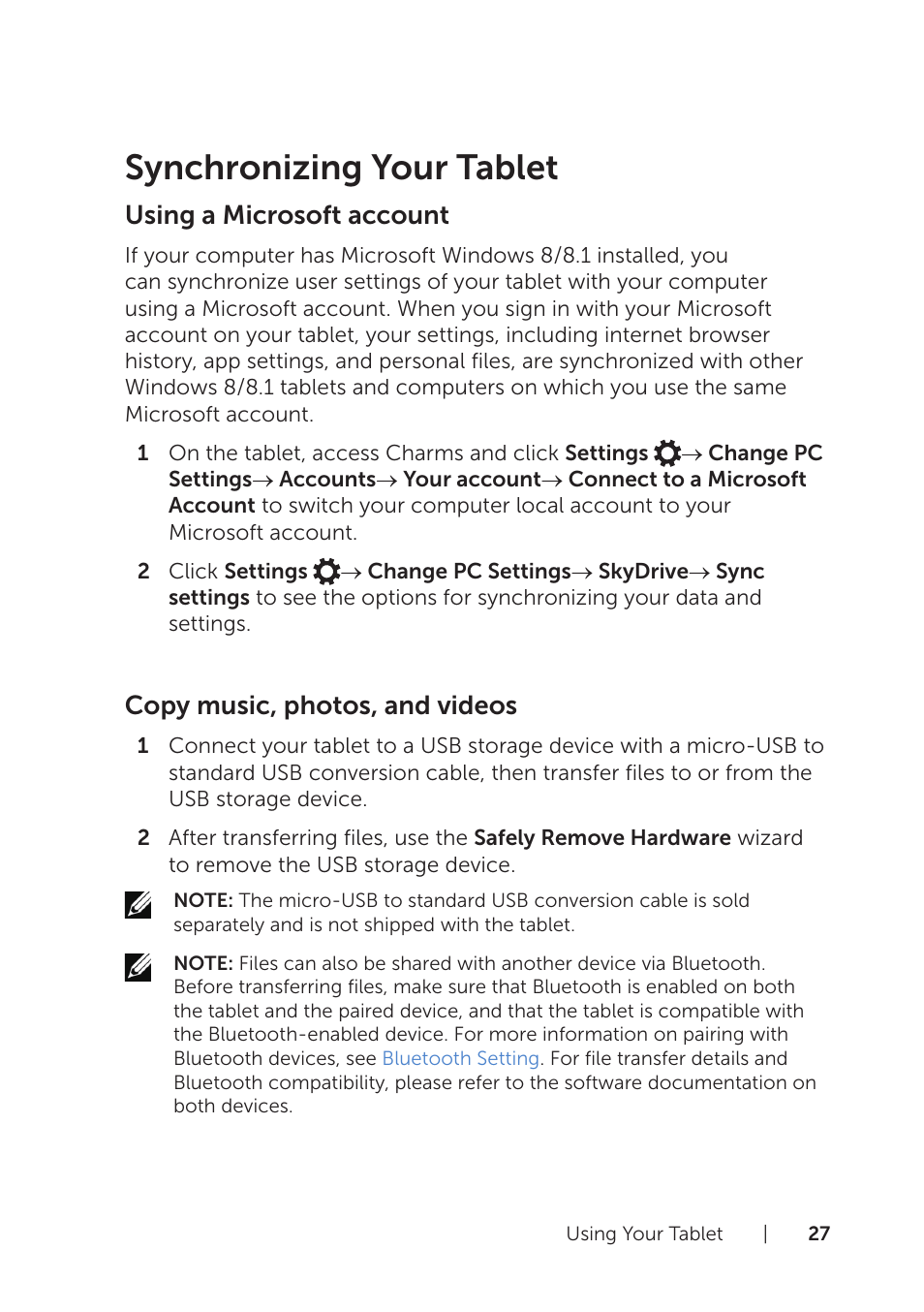 Synchronizing your tablet, Using a microsoft account, Copy music, photos, and videos | Dell Venue 8 Pro User Manual | Page 27 / 44