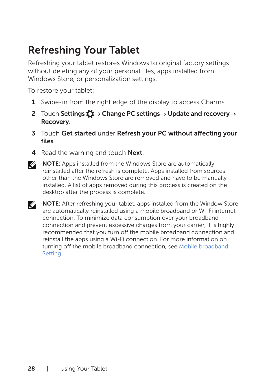 Refreshing your tablet | Dell Venue 8 Pro User Manual | Page 28 / 44