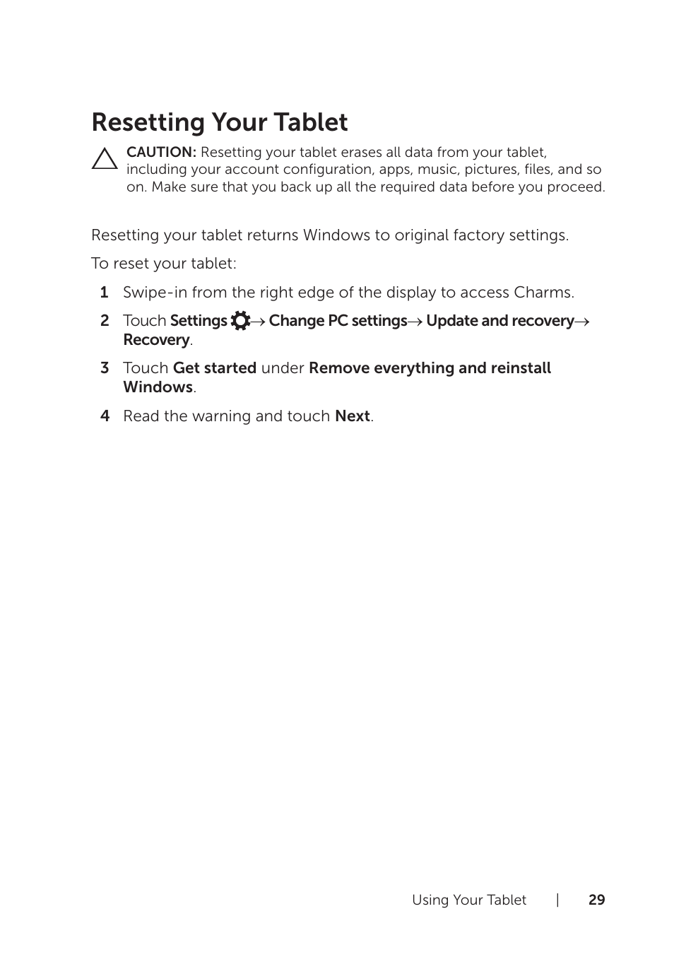 Resetting your tablet | Dell Venue 8 Pro User Manual | Page 29 / 44