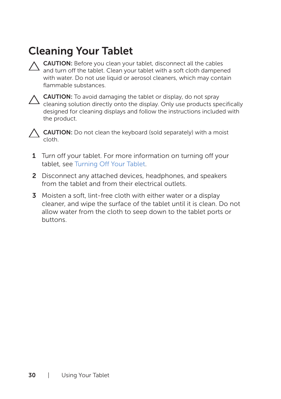 Cleaning your tablet | Dell Venue 8 Pro User Manual | Page 30 / 44