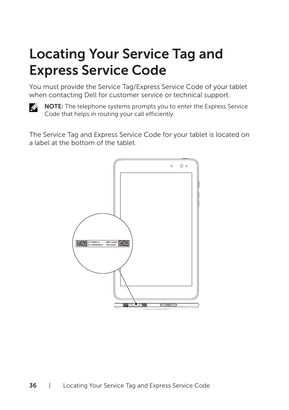 Locating your service tag and express service code | Dell Venue 8 Pro User Manual | Page 36 / 44