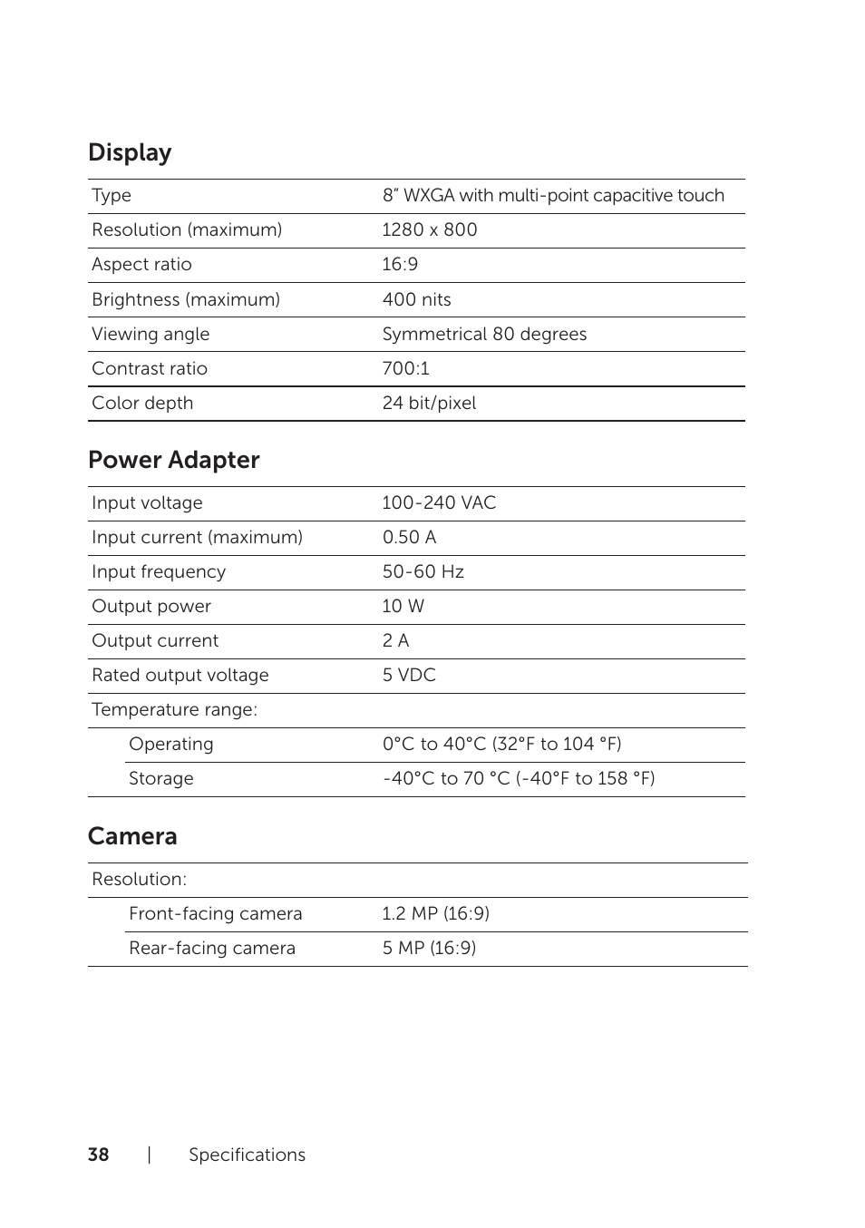 Display, Power adapter, Camera | Dell Venue 8 Pro User Manual | Page 38 / 44
