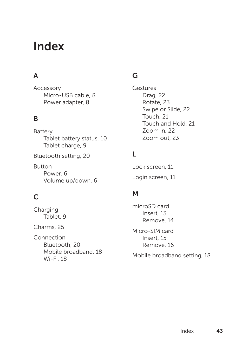 Index | Dell Venue 8 Pro User Manual | Page 43 / 44