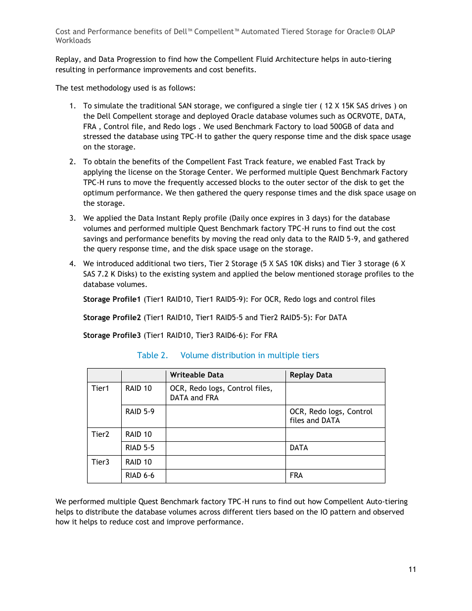 Table 2, Volume distribution in multiple tiers | Dell Compellent Series 40 User Manual | Page 11 / 17