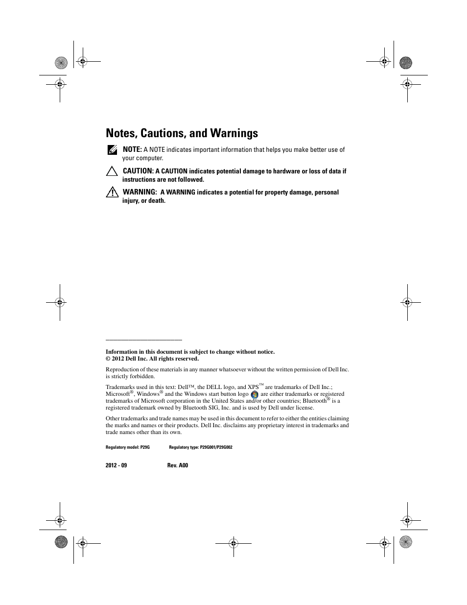 Notes, cautions, and warnings | Dell XPS 13 (L321X, Early 2012) User Manual | Page 2 / 74