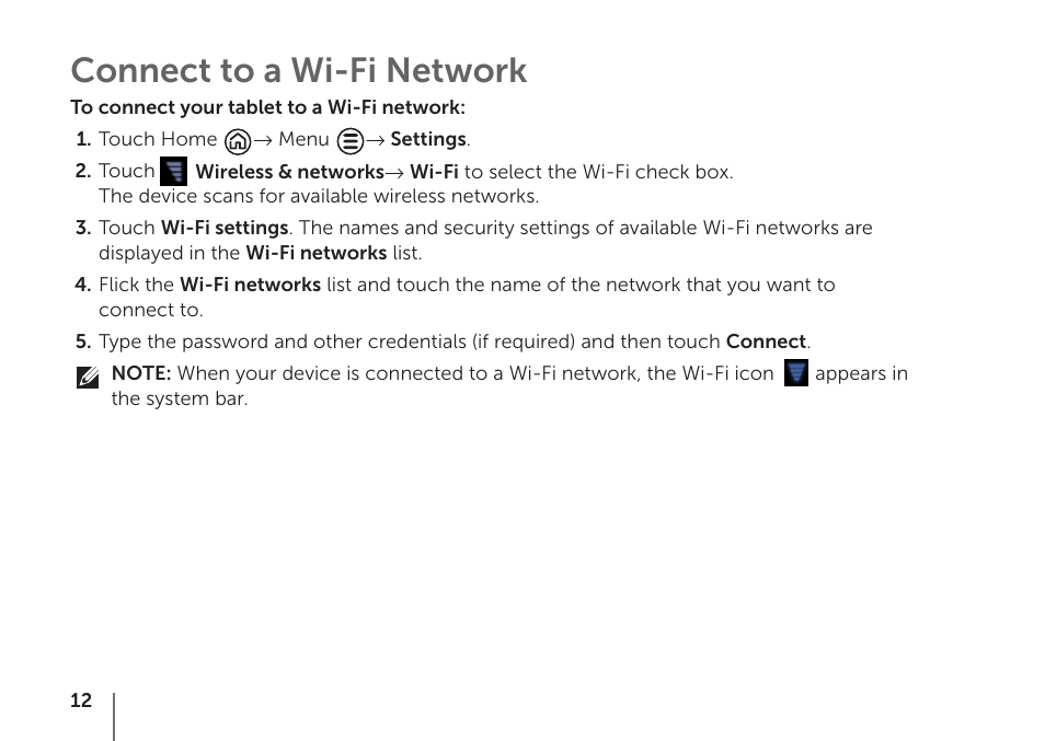 Connect to a wi-fi network | Dell Mobile Streak 7 Wifi Only User Manual | Page 14 / 20