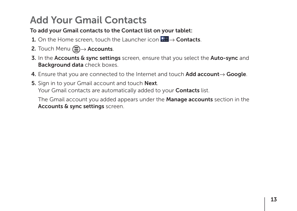 Add your gmail contacts | Dell Mobile Streak 7 Wifi Only User Manual | Page 15 / 20
