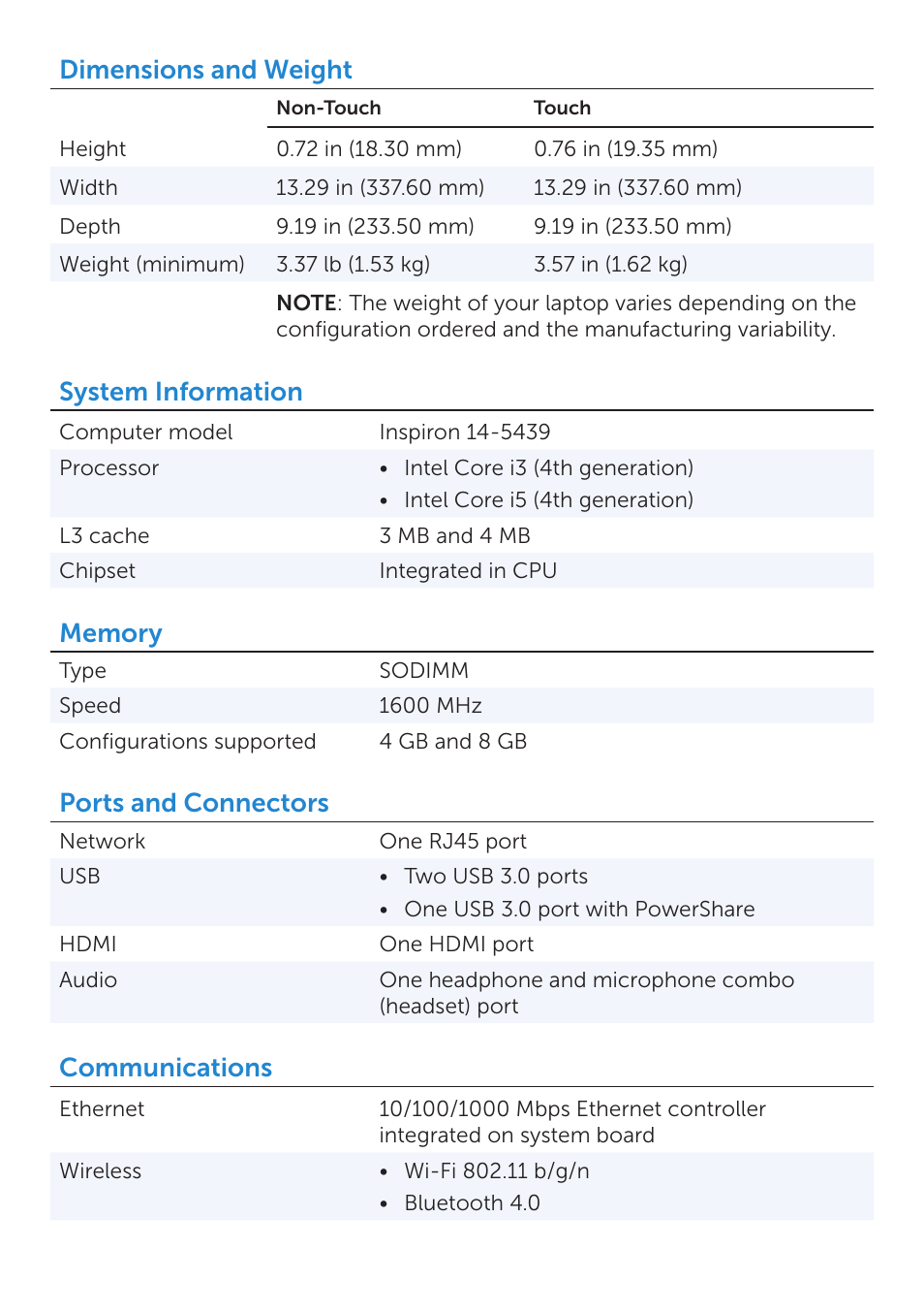 Dimensions and weight, System information, Ports and connectors | Communications | Dell Inspiron 14 (5439, Late 2013) User Manual | Page 2 / 6