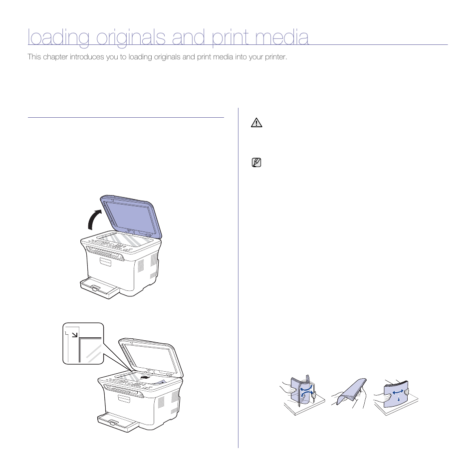 Loading originals and print media, Loading originals, On the scanner glass | In the adf | Dell 1235cn Color Laser Printer User Manual | Page 23 / 116