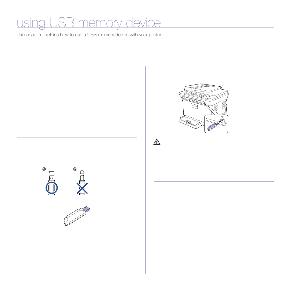 Using usb memory device, About usb memory, Plugging in a usb memory device | Scanning to a usb memory device, Scanning | Dell 1235cn Color Laser Printer User Manual | Page 46 / 116