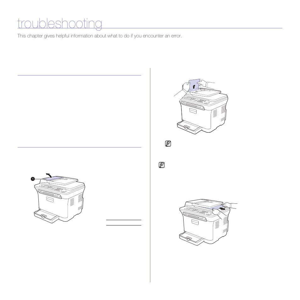 Troubleshooting, Tips for avoiding paper jams, Clearing document jams | Exit misfeed | Dell 1235cn Color Laser Printer User Manual | Page 58 / 116