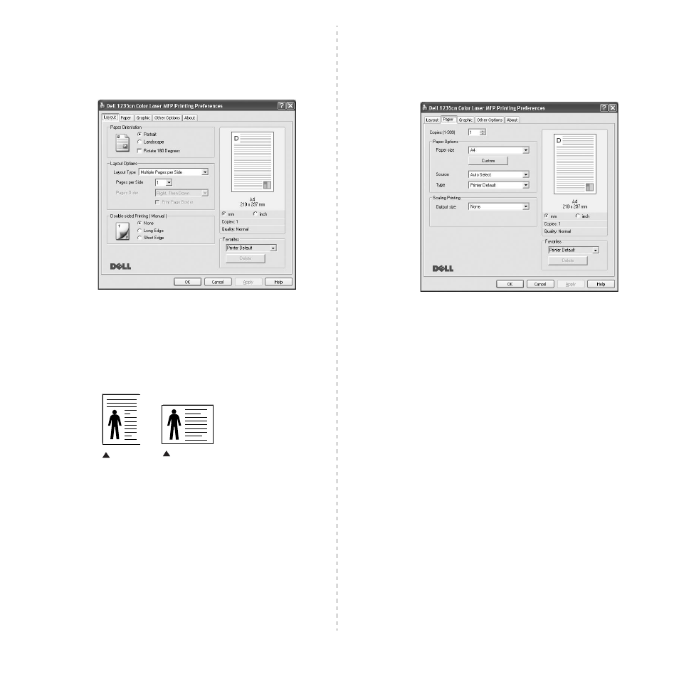 Layout tab, Paper tab, Layout tab paper tab | Layout tab - paper tab | Dell 1235cn Color Laser Printer User Manual | Page 95 / 116