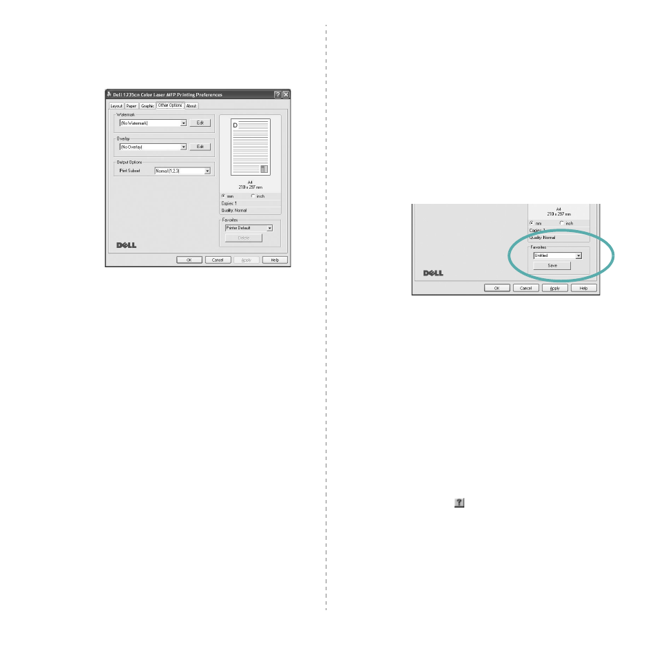 Other options tab, About tab, Using a favorite setting | Using help | Dell 1235cn Color Laser Printer User Manual | Page 97 / 116