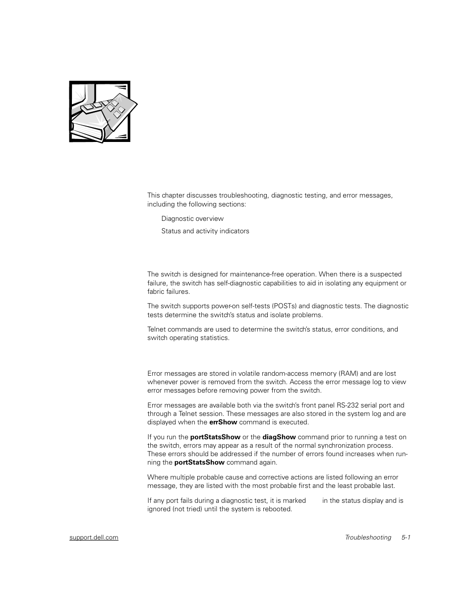 Troubleshooting, Diagnostic overview, Diagnostic error messages | Chapter 5, Troubleshooting -1, Diagnostic overview -1, Diagnostic error messages -1 | Dell PowerVault 51F (8P Fibre Channel Switch) User Manual | Page 105 / 156