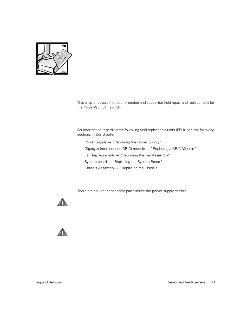 Repair and replacement, Field replaceable units, Replacing the power supply | Chapter 6, Repair and replacement -1, Field replaceable units -1, Replacing the power supply -1 | Dell PowerVault 51F (8P Fibre Channel Switch) User Manual | Page 109 / 156