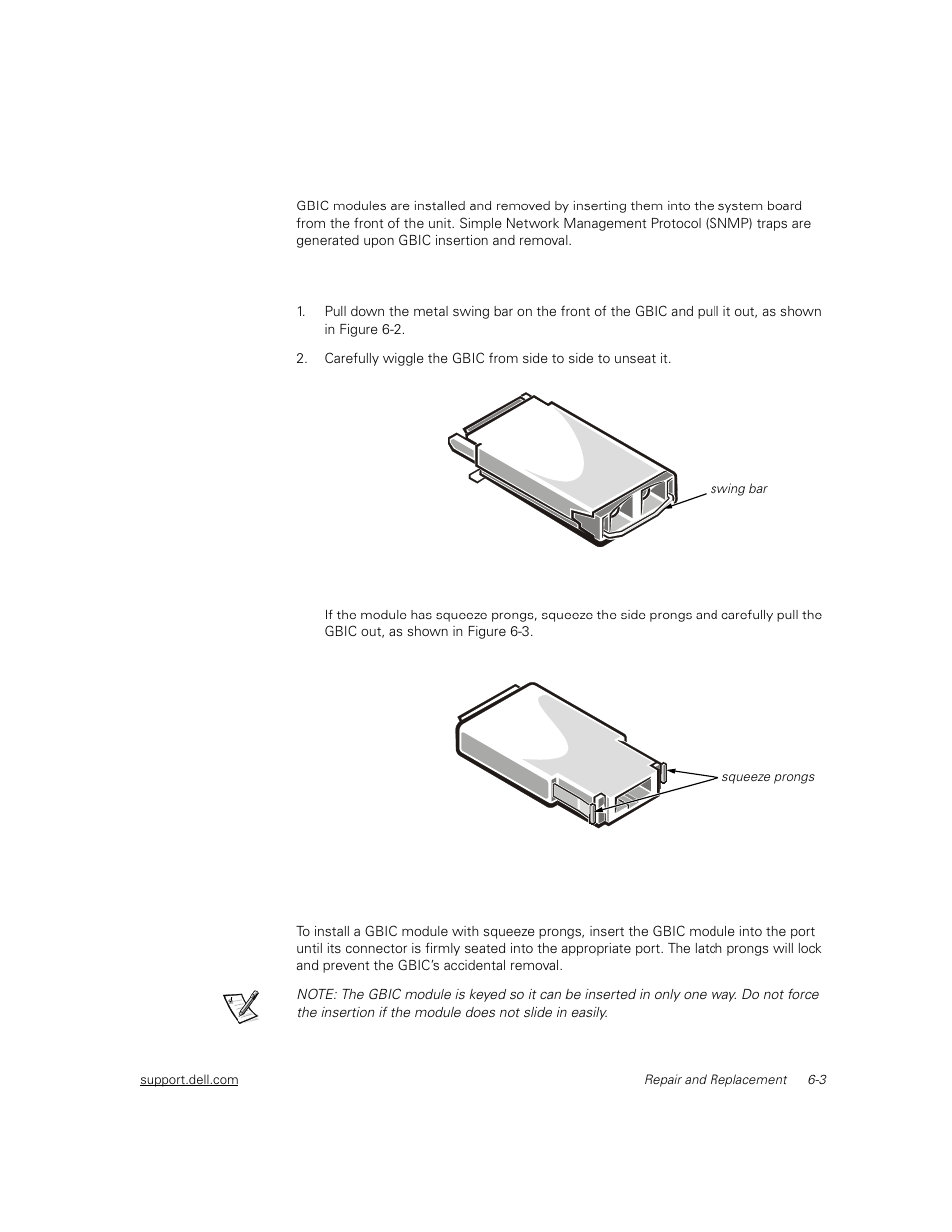 Replacing a gbic module, Removing a gbic module, Installing a gbic module | Replacing a gbic module -3, Removing a gbic module -3, Installing a gbic module -3, Figure 6-2, Gbic module -3, Figure 6-3, Squeeze prongs on gbic module -3 | Dell PowerVault 51F (8P Fibre Channel Switch) User Manual | Page 111 / 156