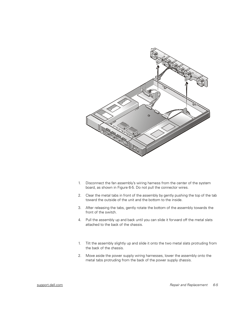 Removing the fan assembly, Installing a new fan assembly, Removing the fan assembly -5 | Installing a new fan assembly -5, Figure 6-5 | Dell PowerVault 51F (8P Fibre Channel Switch) User Manual | Page 113 / 156