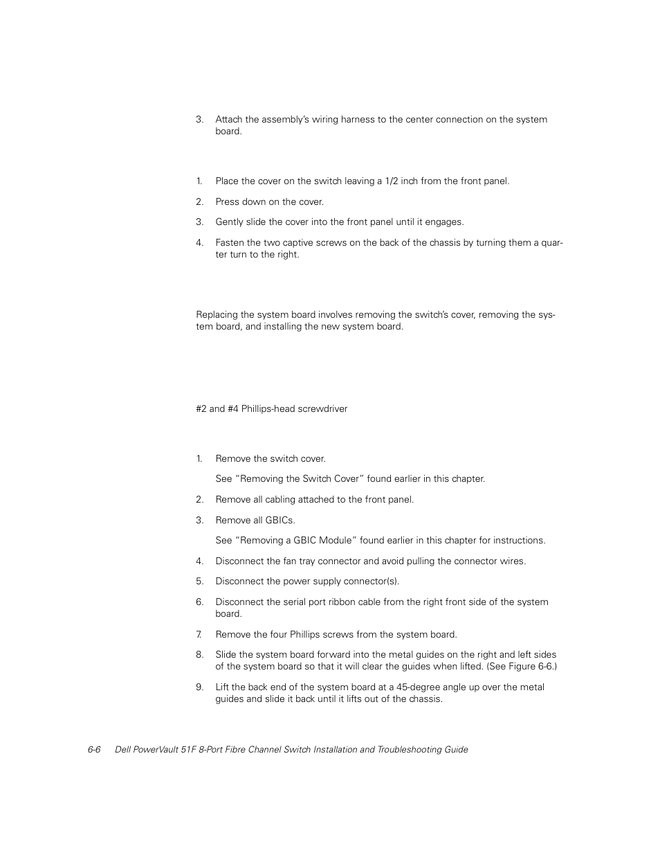 Replacing the cover, Replacing the system board, Tools required | Removing the system board, Replacing the cover -6, Replacing the system board -6, Tools required -6, Removing the system board -6 | Dell PowerVault 51F (8P Fibre Channel Switch) User Manual | Page 114 / 156