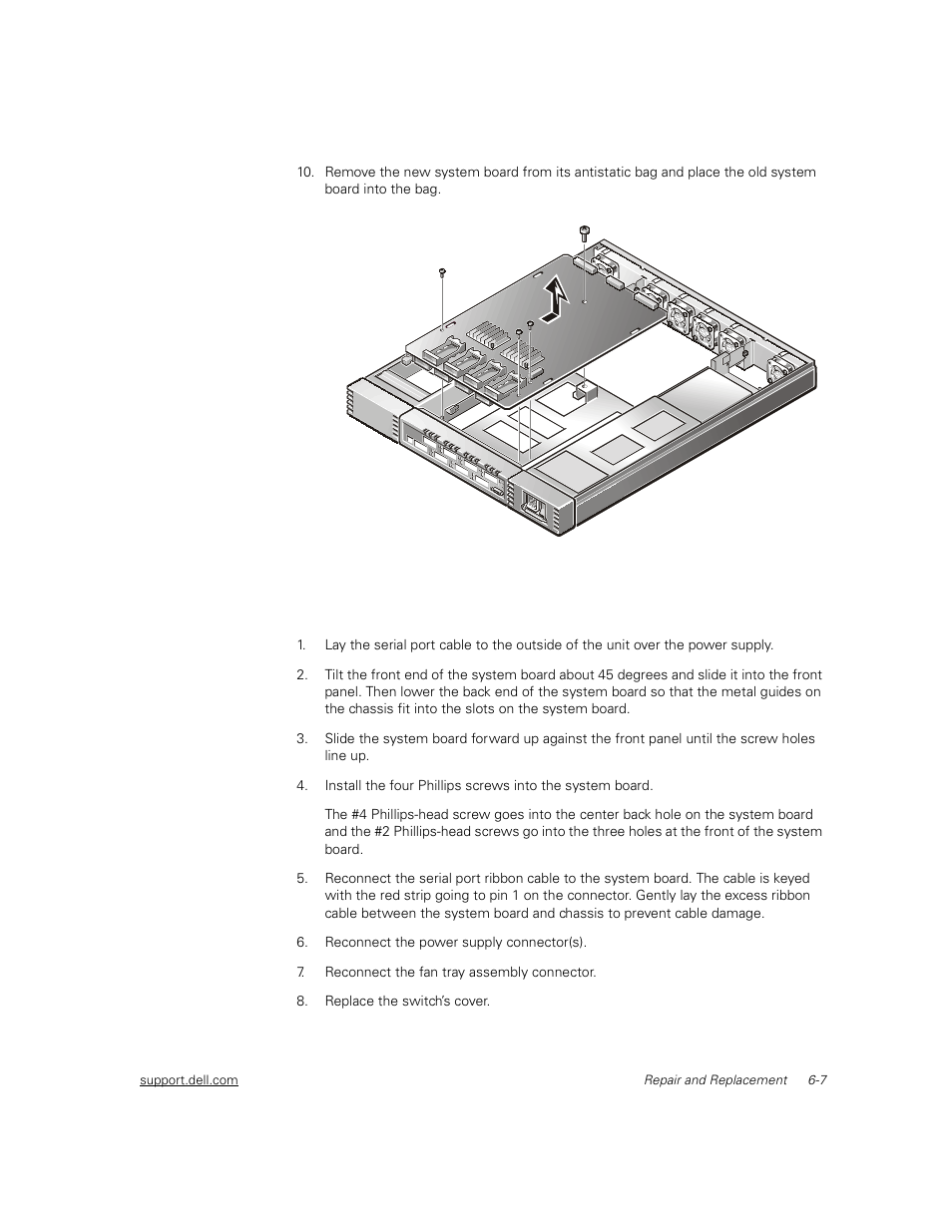 Installing a system board, Installing a system board -7, Figure 6-6 | Removing the system board -7 | Dell PowerVault 51F (8P Fibre Channel Switch) User Manual | Page 115 / 156