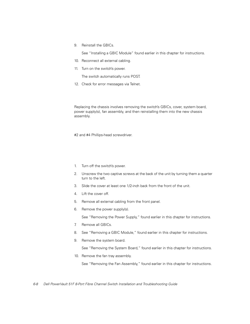 Replacing the chassis, Tools required, Removing the switch components | Replacing the chassis -8, Tools required -8, Removing the switch components -8 | Dell PowerVault 51F (8P Fibre Channel Switch) User Manual | Page 116 / 156