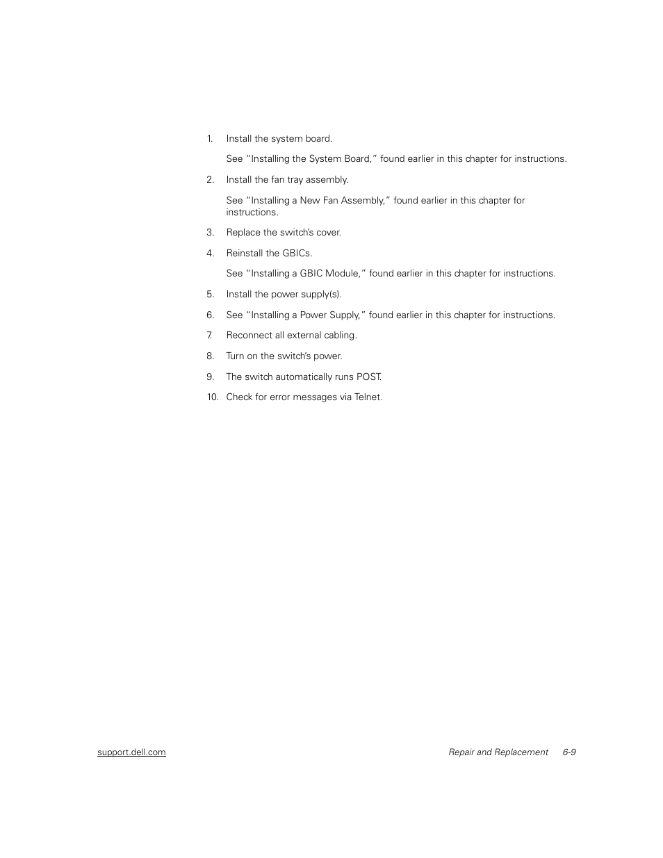 Installing the new switch components, Installing the new switch components -9 | Dell PowerVault 51F (8P Fibre Channel Switch) User Manual | Page 117 / 156