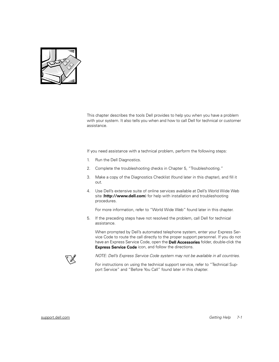 Getting help, Technical assistance, Chapter 7 | Getting help -1, Technical assistance -1 | Dell PowerVault 51F (8P Fibre Channel Switch) User Manual | Page 119 / 156