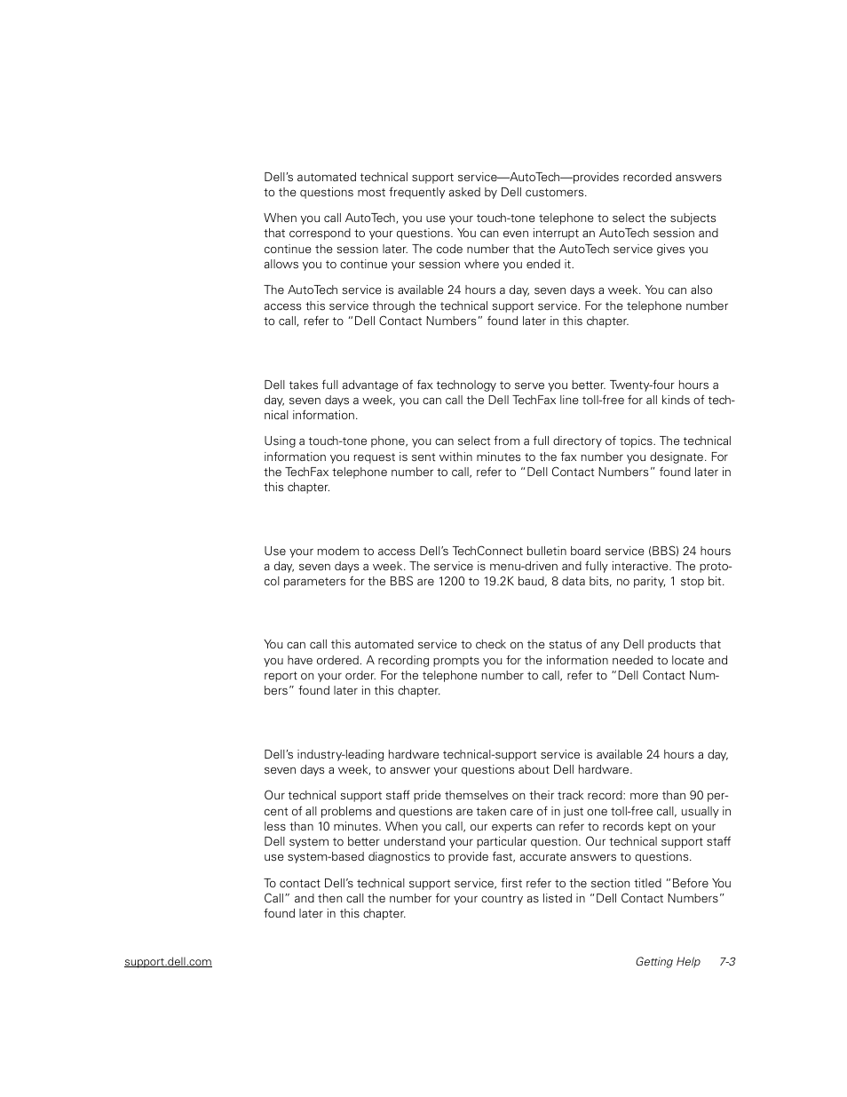 Autotech service, Techfax service, Techconnect bbs | Automated order-status system, Technical support service, Autotech service -3, Techfax service -3, Techconnect bbs -3, Automated order-status system -3, Technical support service -3 | Dell PowerVault 51F (8P Fibre Channel Switch) User Manual | Page 121 / 156