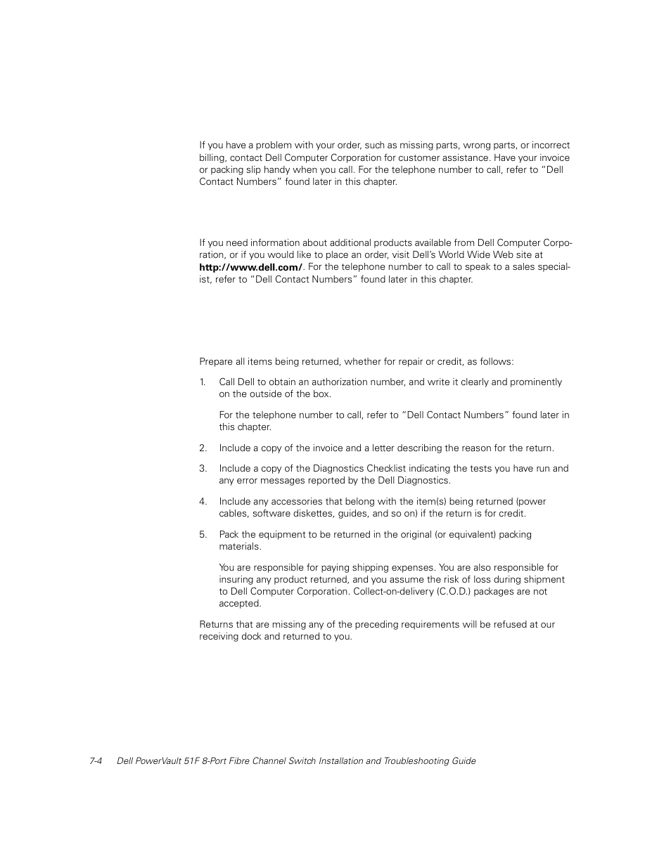 Problems with your order, Product information, Returning items for warranty repair or credit | Problems with your order -4, Product information -4, Returning items for warranty repair or credit -4 | Dell PowerVault 51F (8P Fibre Channel Switch) User Manual | Page 122 / 156