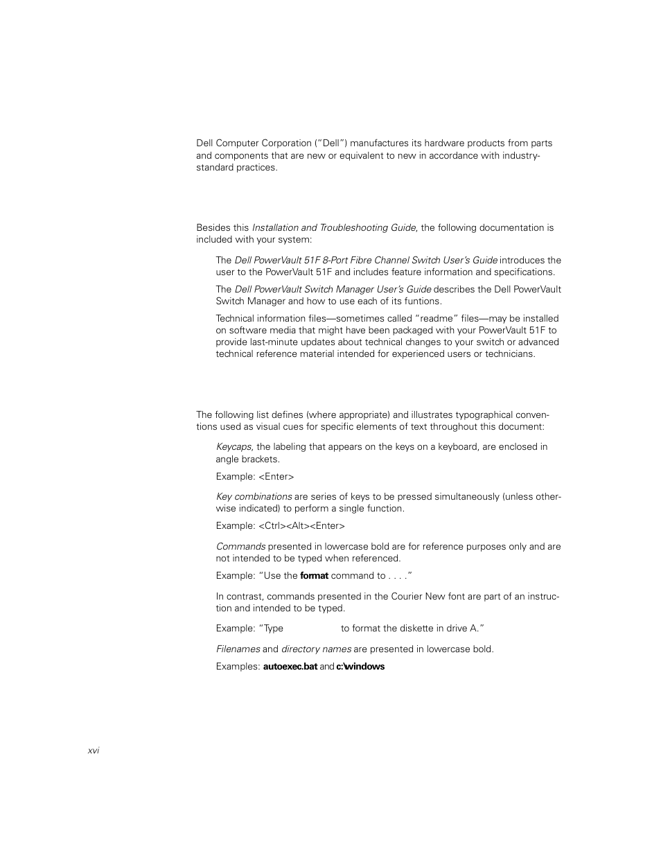 Warranty and return policy information, Other documents you may need, Typographical conventions | Dell PowerVault 51F (8P Fibre Channel Switch) User Manual | Page 14 / 156