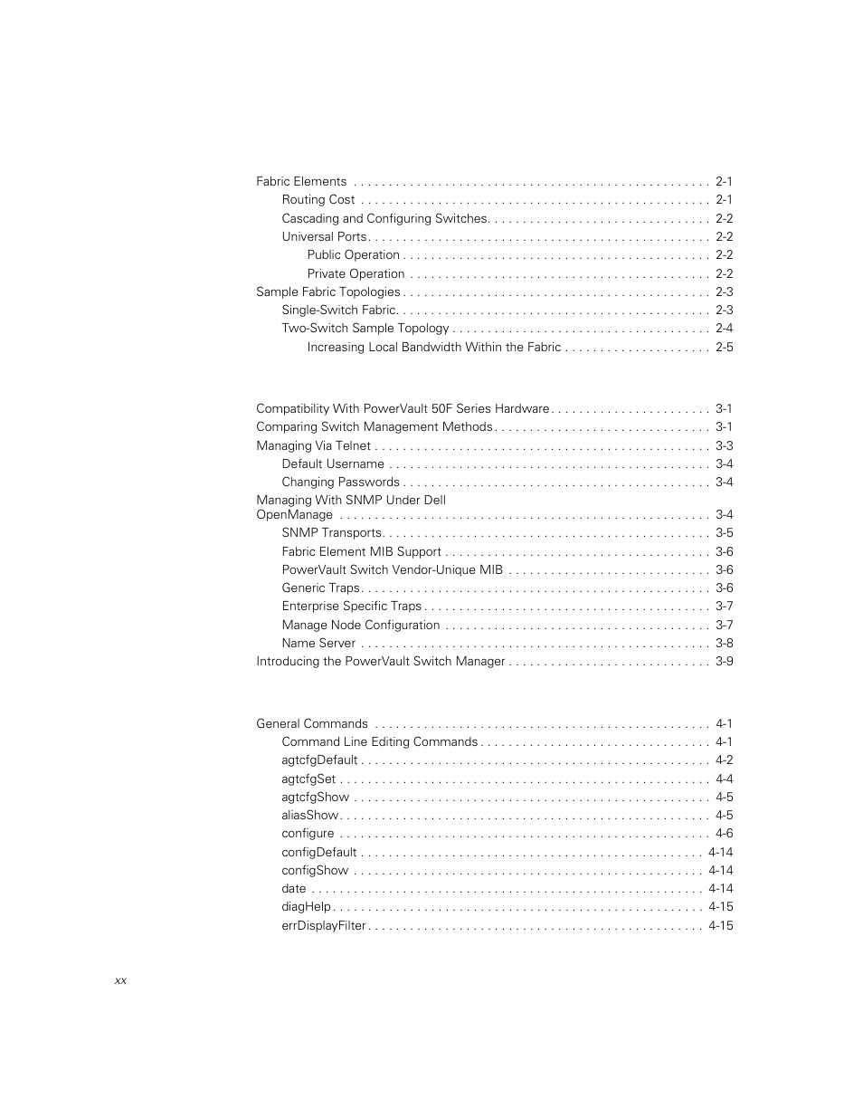 Chapter 2 powervault 51f topologies -1, Chapter 3 managing the powervault 51f switch -1, Chapter 4 powervault 51f commands -1 | Dell PowerVault 51F (8P Fibre Channel Switch) User Manual | Page 18 / 156