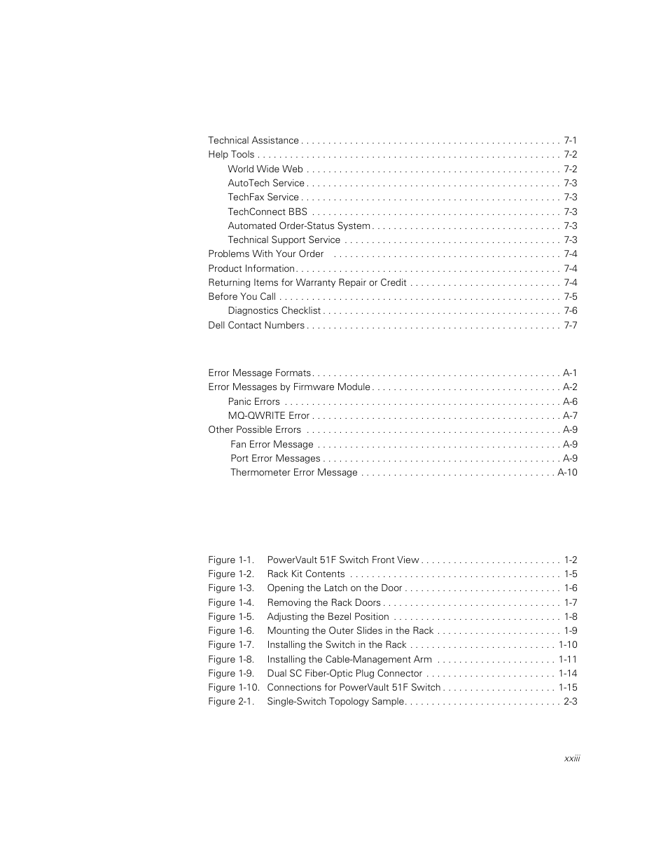 Chapter 7 getting help -1, Glossary index figures | Dell PowerVault 51F (8P Fibre Channel Switch) User Manual | Page 21 / 156