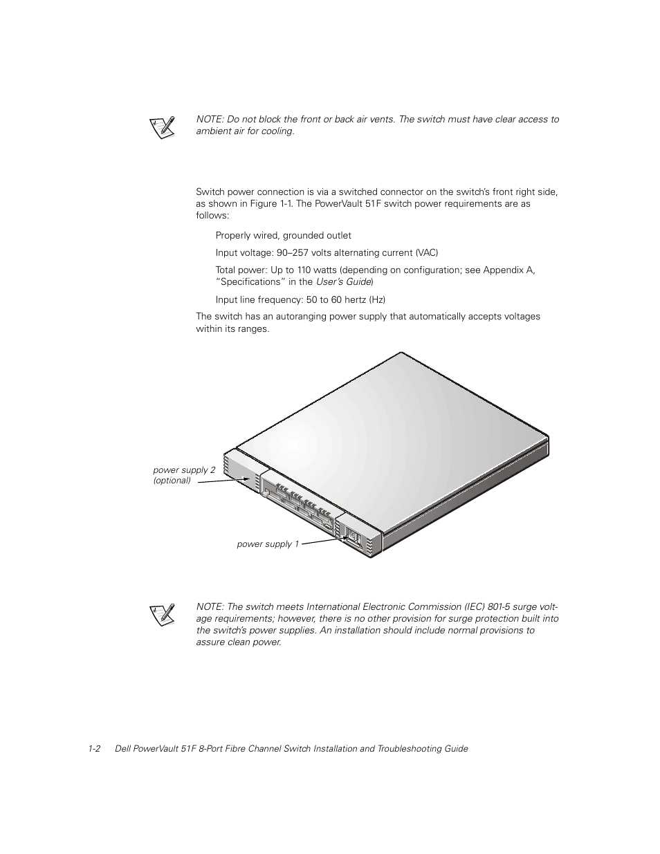 Power requirements, Power requirements -2, Figure 1-1 | Powervault 51f switch front view -2 | Dell PowerVault 51F (8P Fibre Channel Switch) User Manual | Page 30 / 156