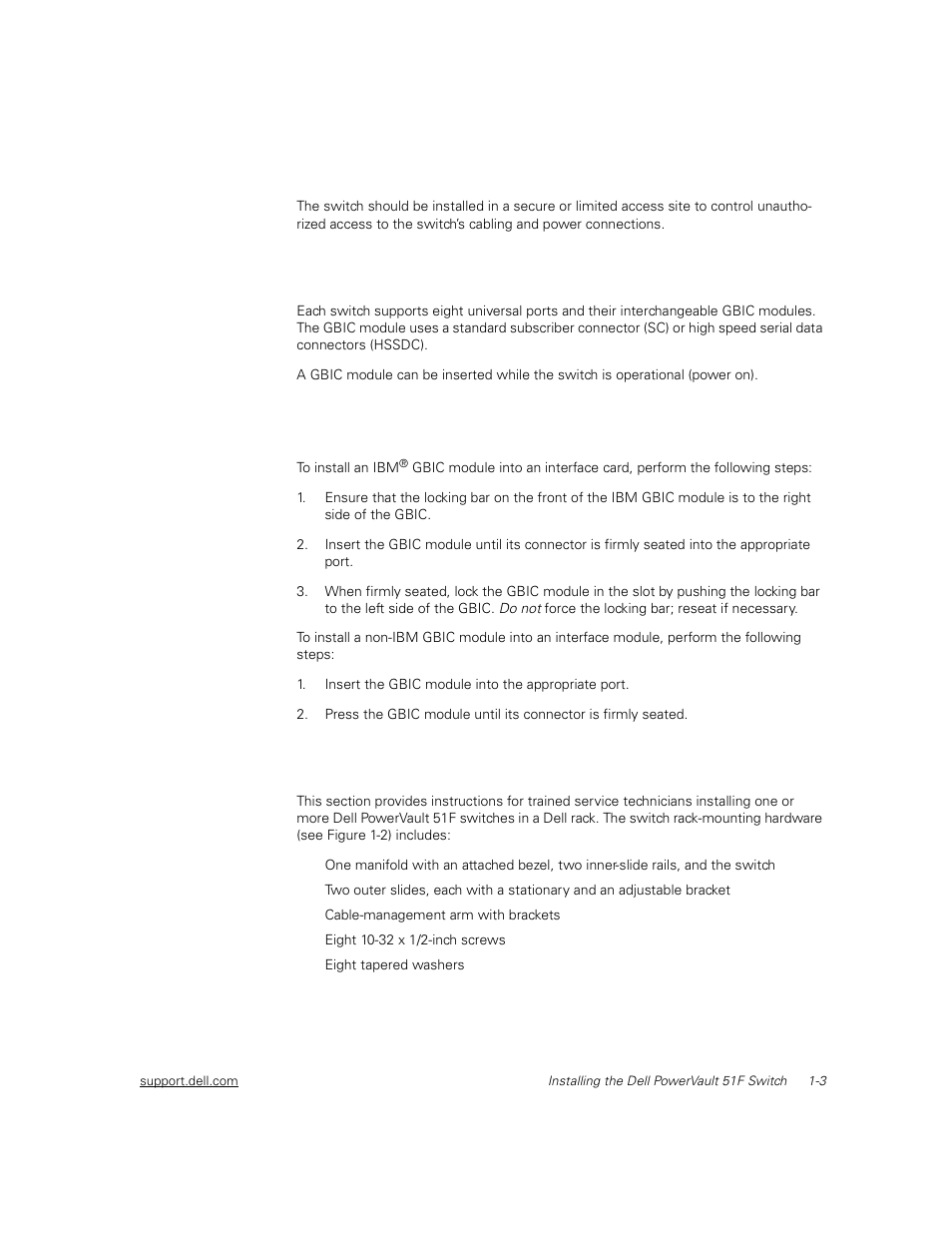 Site location, Installing a gbic module with power on, Rack mounting | Site location -3, Installing a gbic module with power on -3, Rack mounting -3 | Dell PowerVault 51F (8P Fibre Channel Switch) User Manual | Page 31 / 156