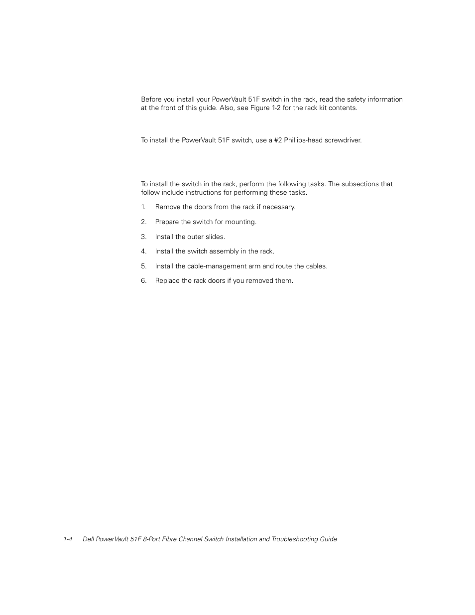 Before you begin, Recommended tool, Installing the switch | Before you begin -4, Recommended tool -4, Installing the switch -4 | Dell PowerVault 51F (8P Fibre Channel Switch) User Manual | Page 32 / 156