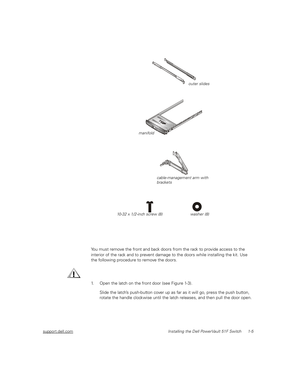 Removing the doors from the rack, Removing the doors from the rack -5, Figure 1-2 | Rack kit contents -5 | Dell PowerVault 51F (8P Fibre Channel Switch) User Manual | Page 33 / 156