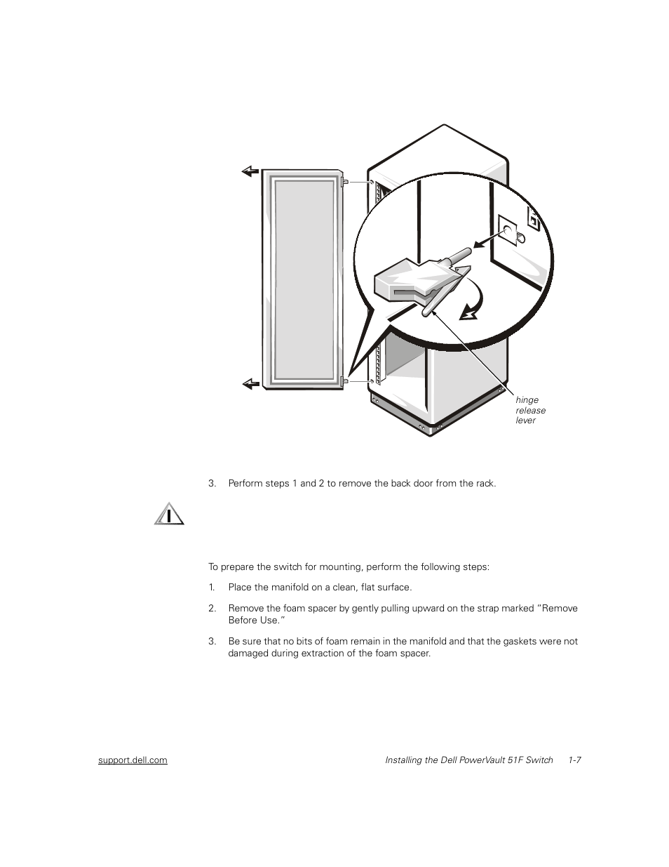 Preparing the switch for mounting, Preparing the switch for mounting -7, Figure 1-4 | Removing the rack doors -7 | Dell PowerVault 51F (8P Fibre Channel Switch) User Manual | Page 35 / 156