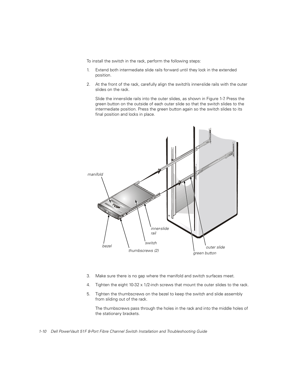 Installing the switch in the rack, Installing the switch in the rack -10, Figure 1-7 | Dell PowerVault 51F (8P Fibre Channel Switch) User Manual | Page 38 / 156