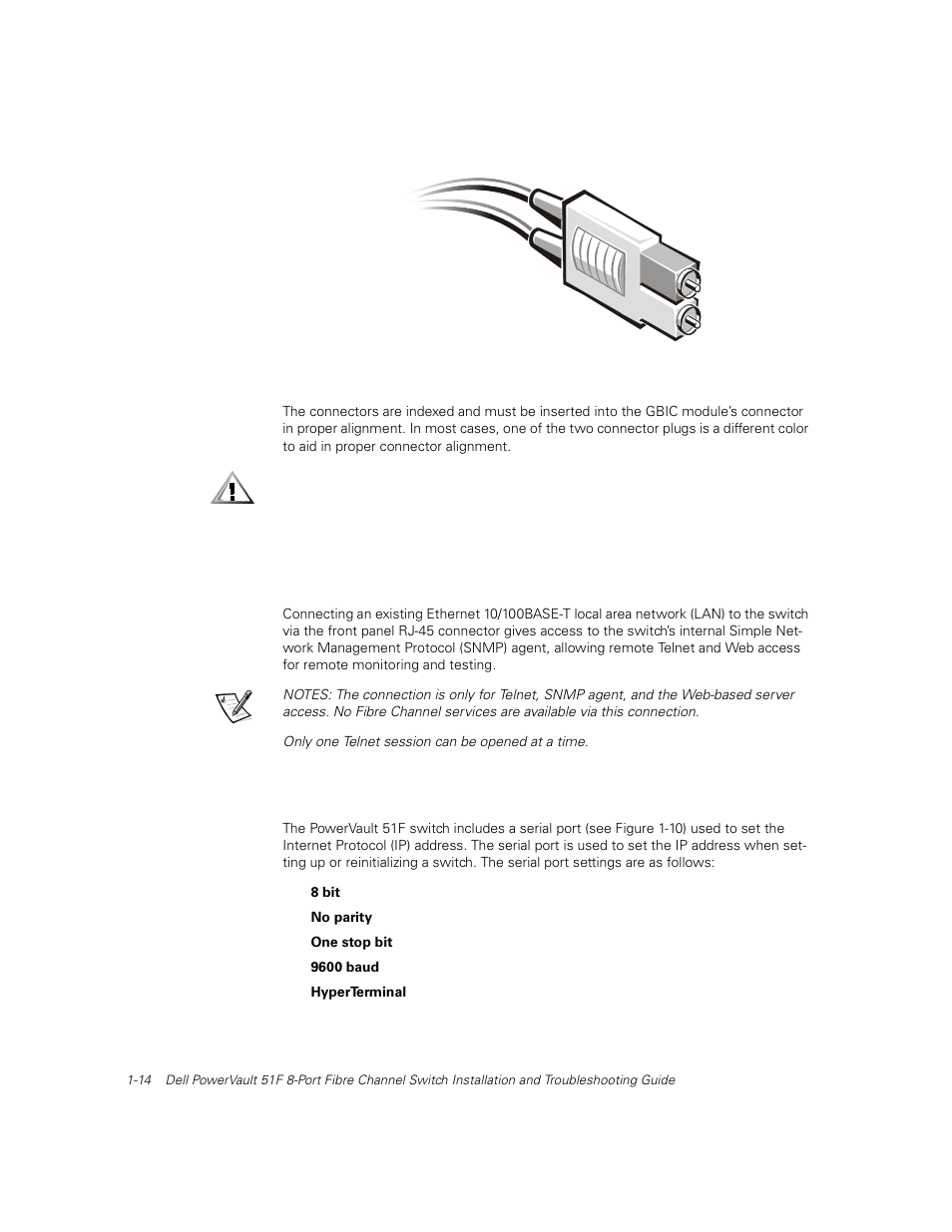Ethernet connection, Serial port connection, Ethernet connection -14 | Serial port connection -14, Figure 1-9, Dual sc fiber-optic plug connector -14 | Dell PowerVault 51F (8P Fibre Channel Switch) User Manual | Page 42 / 156