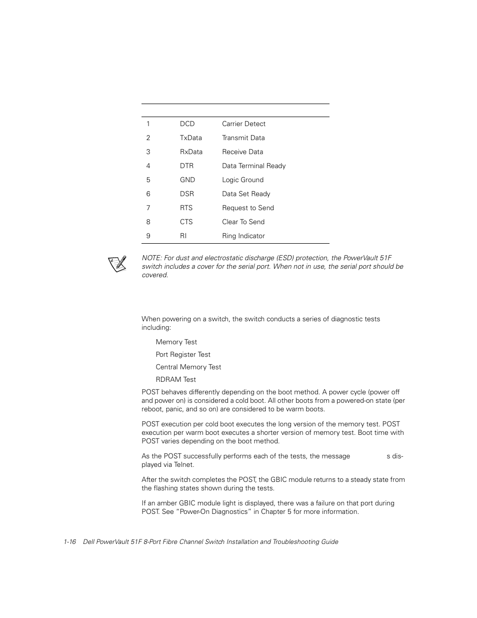 Verifying power-on self-test (post), Verifying power-on self-test (post) -16, Table 1-2 | Cabling pinouts -16 | Dell PowerVault 51F (8P Fibre Channel Switch) User Manual | Page 44 / 156